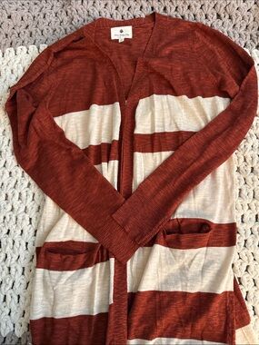 Striped Open-Front Cardigan - Rust and Cream